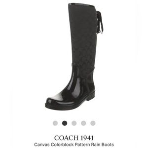 Women’s 10 Coach Black Signature Canvas tall  lace up Corset Rain boots 🥾💕